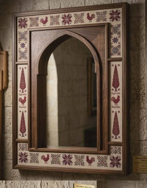 مراية السرو والديك بتطريز فلاحي فلسطيني - Cypress and rooster tatreez mirror